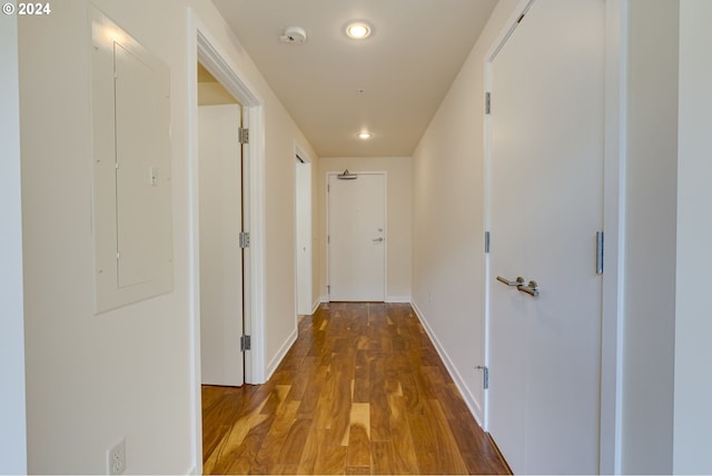 hall featuring wood-type flooring and electric panel