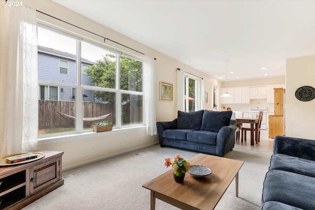 living room featuring light carpet