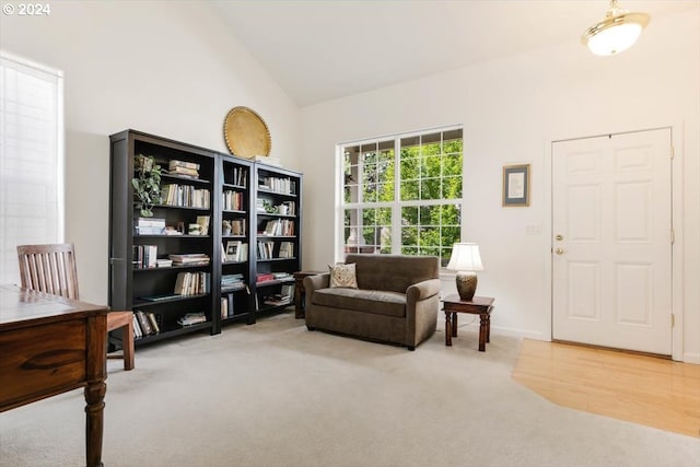 sitting room with lofted ceiling and carpet flooring