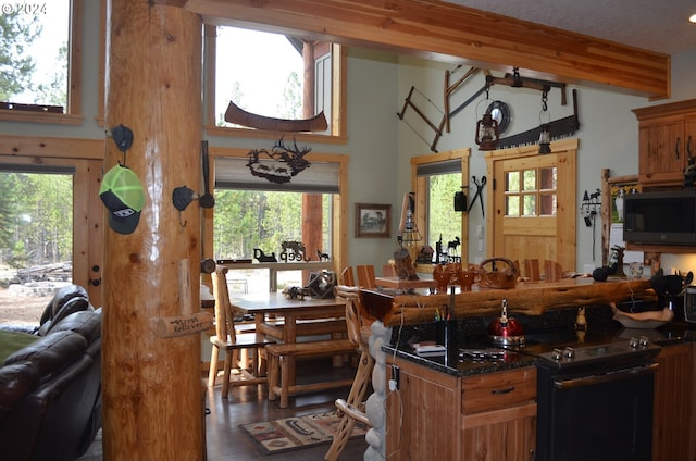 kitchen featuring a wealth of natural light, beamed ceiling, and electric range