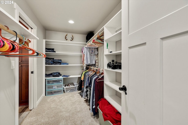 walk in closet with light carpet