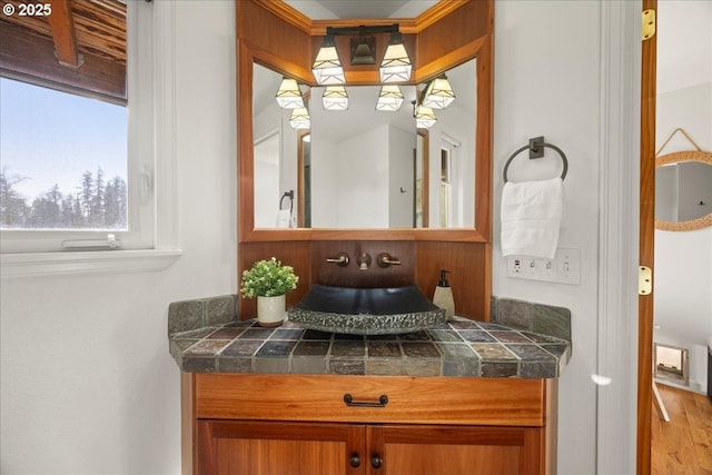 bathroom featuring vanity and wood-type flooring