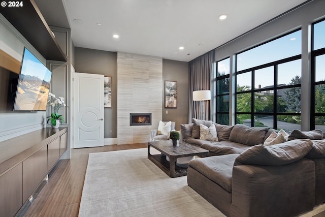 living room with light hardwood / wood-style floors and a tile fireplace