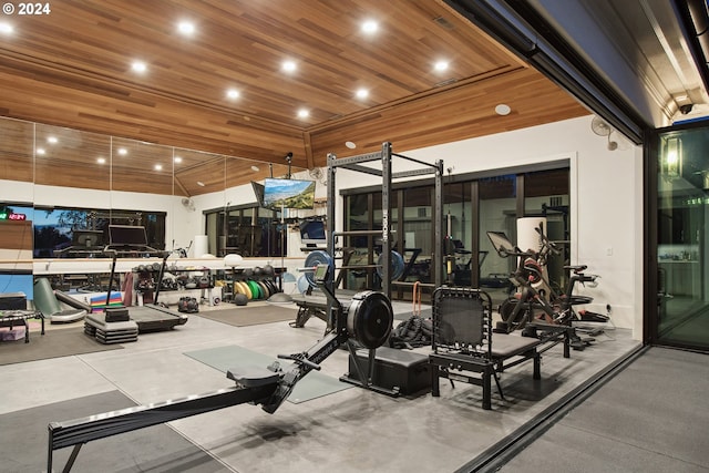 exercise room featuring wood ceiling