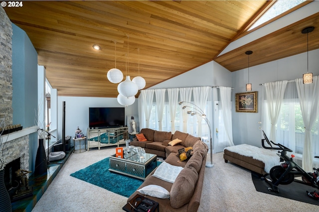 carpeted living room featuring lofted ceiling, wood ceiling, and a fireplace