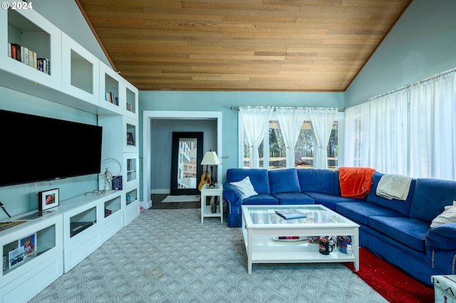 carpeted living room with lofted ceiling, built in features, and wooden ceiling