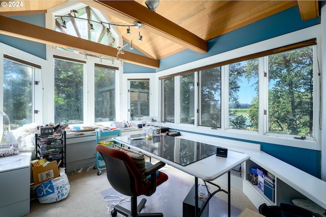 carpeted home office featuring lofted ceiling with beams and wood ceiling