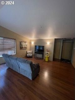 living room with dark wood-type flooring and vaulted ceiling