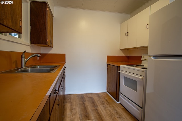 kitchen with light countertops, white appliances, a sink, white cabinets, and wood finished floors