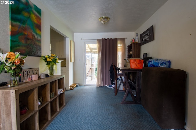 home office with carpet floors and a textured ceiling