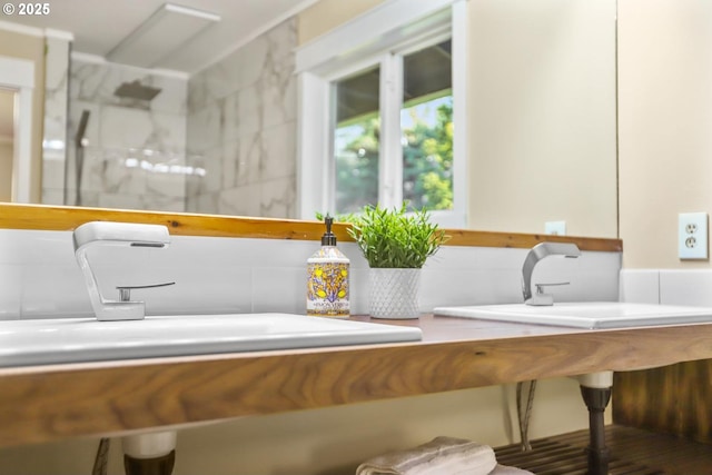 bathroom with a sink and a walk in shower