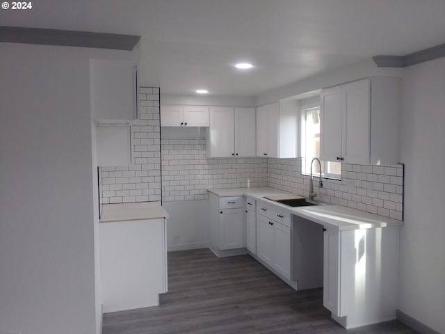 kitchen with tasteful backsplash, dark hardwood / wood-style flooring, sink, and white cabinets