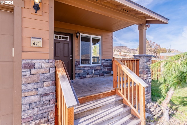 421 Little Lake Rd, Maupin, OR 97037 - property entrance with stone siding and a porch