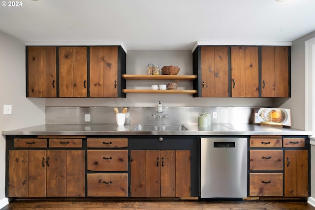 kitchen with brown cabinetry, open shelves, a sink, stainless steel countertops, and stainless steel dishwasher