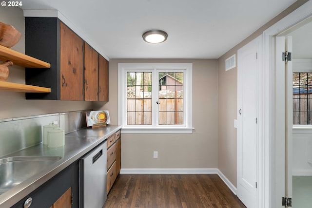 kitchen with stainless steel dishwasher, stainless steel countertops, brown cabinetry, and open shelves