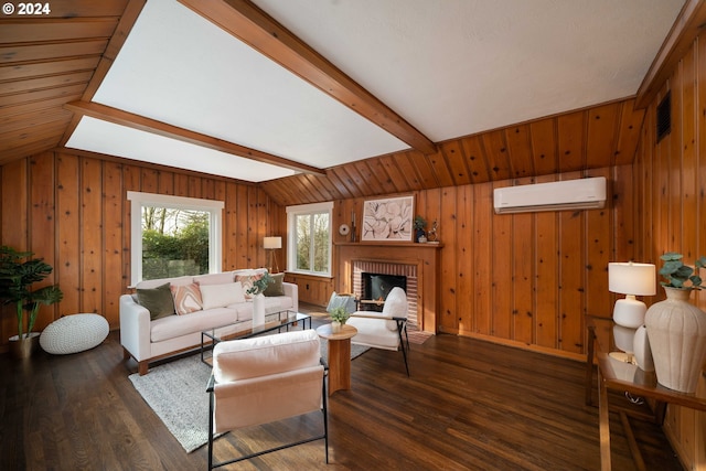 living area featuring a brick fireplace, wood walls, lofted ceiling with beams, wood finished floors, and a wall mounted AC