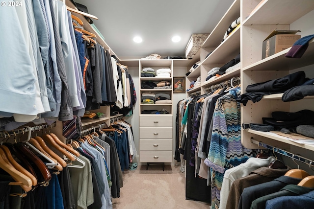 walk in closet with light carpet