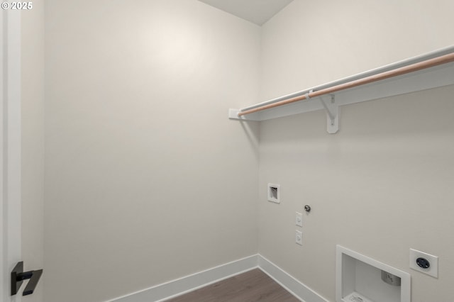 12010 SW Trask St Unit Lt94, Beaverton, OR 97007 - laundry area with hookup for an electric dryer, baseboards, washer hookup, dark wood-type flooring, and gas dryer hookup