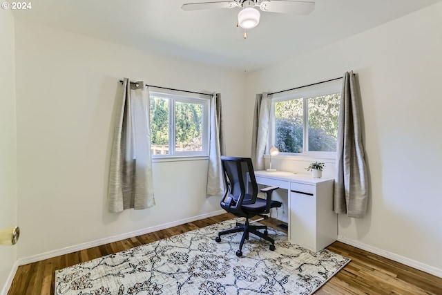 office space with ceiling fan, plenty of natural light, and hardwood / wood-style floors