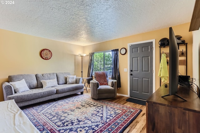 living room featuring a textured ceiling and hardwood / wood-style floors