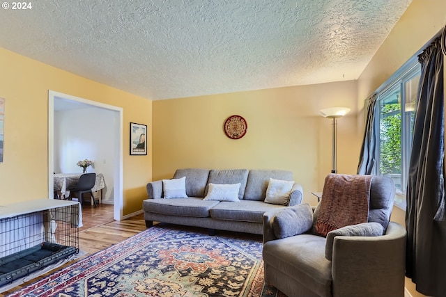 living room featuring hardwood / wood-style flooring and a textured ceiling