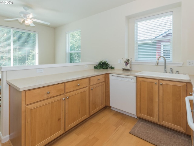 kitchen with ceiling fan, light hardwood / wood-style flooring, kitchen peninsula, white dishwasher, and sink