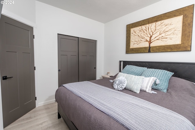 bedroom with light wood-style flooring, baseboards, and a closet