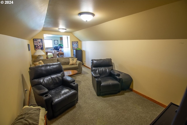 carpeted cinema with lofted ceiling