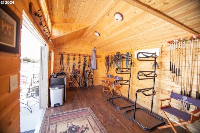 exercise room featuring wooden ceiling, wooden walls, dark wood-type flooring, and lofted ceiling