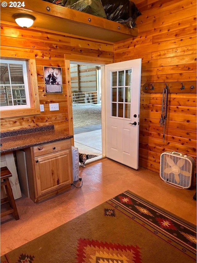 doorway to outside with a wealth of natural light and wooden walls