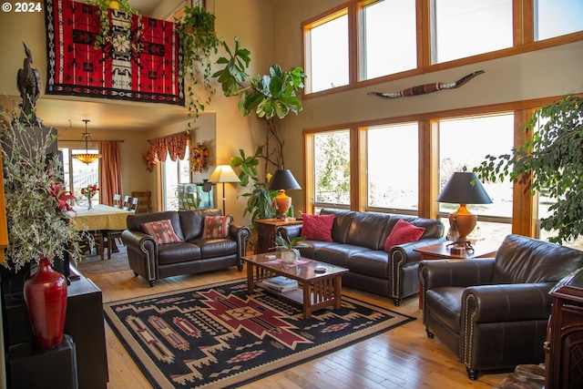 living room featuring a towering ceiling and hardwood / wood-style flooring