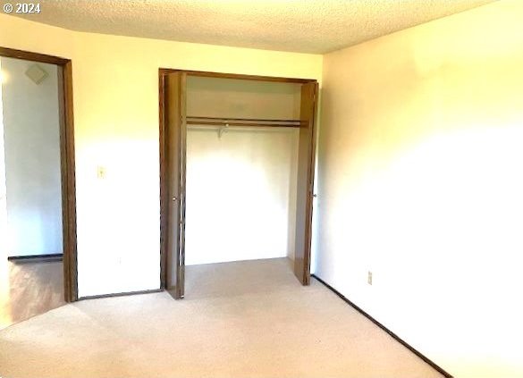 unfurnished bedroom with a textured ceiling, light colored carpet, and a closet