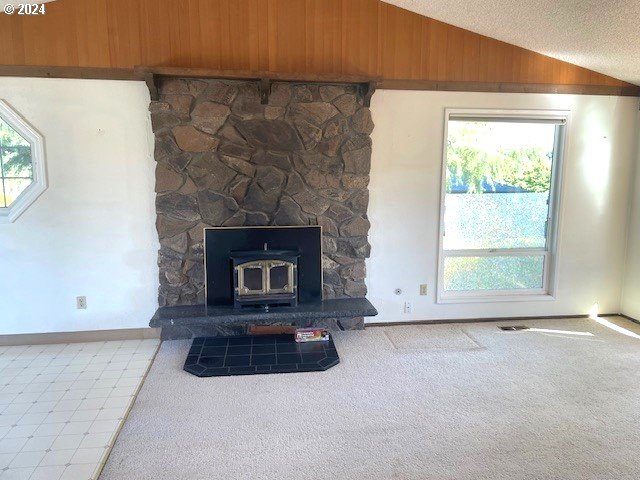 room details with a wood stove, a textured ceiling, carpet floors, and a stone fireplace