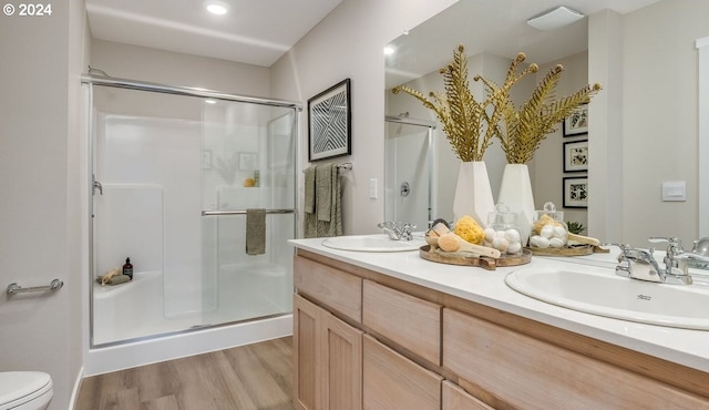 bathroom featuring double vanity, a shower stall, wood finished floors, and a sink