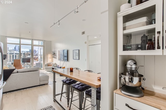 interior space with track lighting, white cabinetry, and light hardwood / wood-style flooring