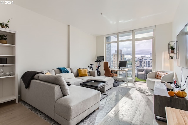 living room featuring light hardwood / wood-style flooring and floor to ceiling windows