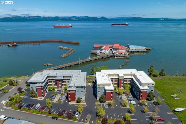 bird's eye view featuring a water and mountain view