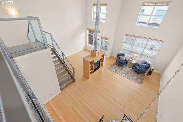 living room with wood-type flooring, a towering ceiling, and a wealth of natural light