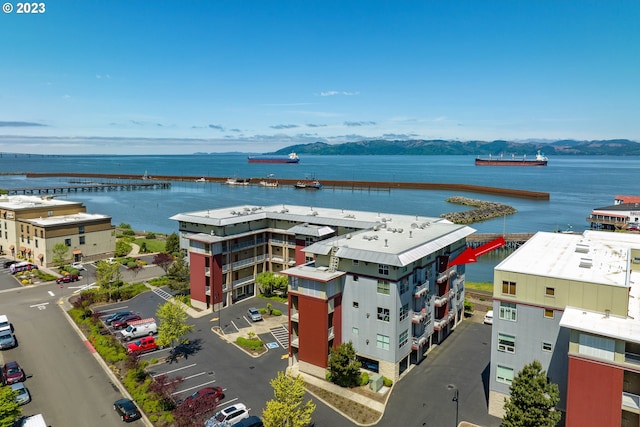 bird's eye view with a water and mountain view