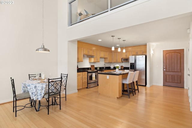 kitchen with pendant lighting, stainless steel appliances, a high ceiling, light hardwood / wood-style flooring, and sink