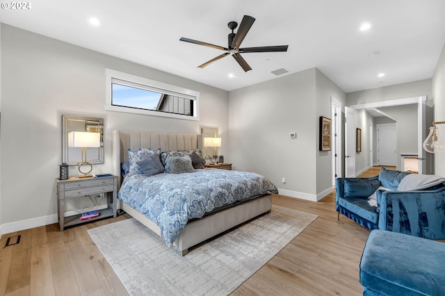 bedroom featuring ceiling fan and light hardwood / wood-style flooring