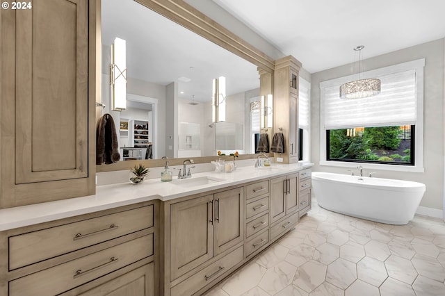 bathroom with vanity and plus walk in shower