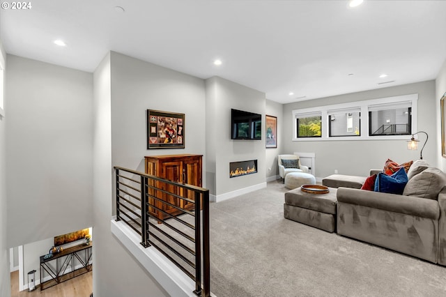 living room with light colored carpet