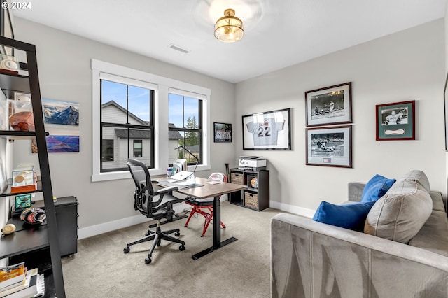 home office with light colored carpet