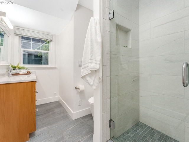 bathroom featuring vanity, toilet, and walk in shower