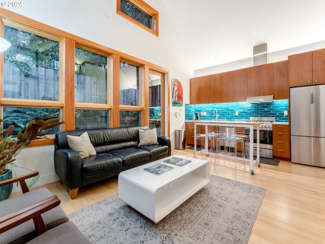 living room featuring high vaulted ceiling and light hardwood / wood-style flooring