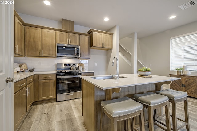 kitchen with sink, backsplash, a kitchen island with sink, light hardwood / wood-style floors, and stainless steel appliances