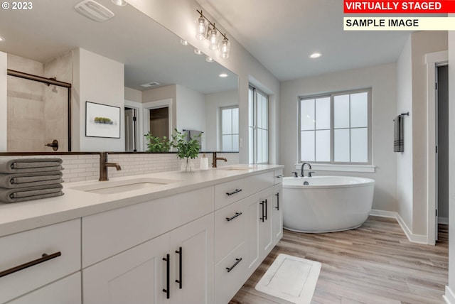 bathroom with plus walk in shower, wood-type flooring, vanity, and tasteful backsplash