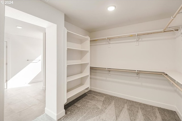 spacious closet featuring light colored carpet