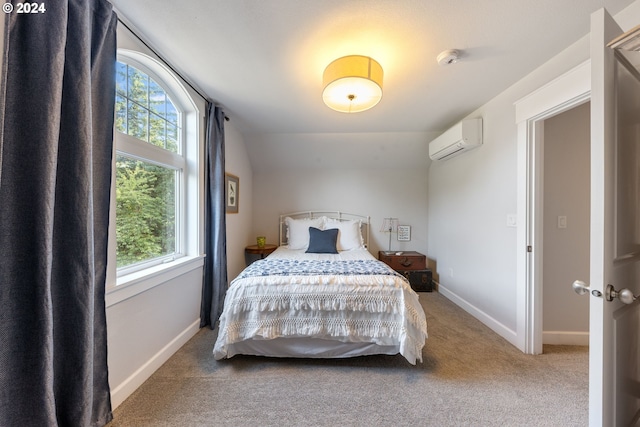 bedroom featuring a wall mounted AC, lofted ceiling, and carpet flooring